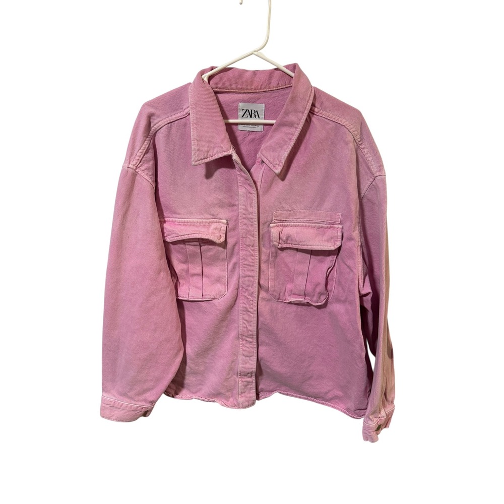 ZARA Size Large Pink‎ Denim Utility Jacket Shacket